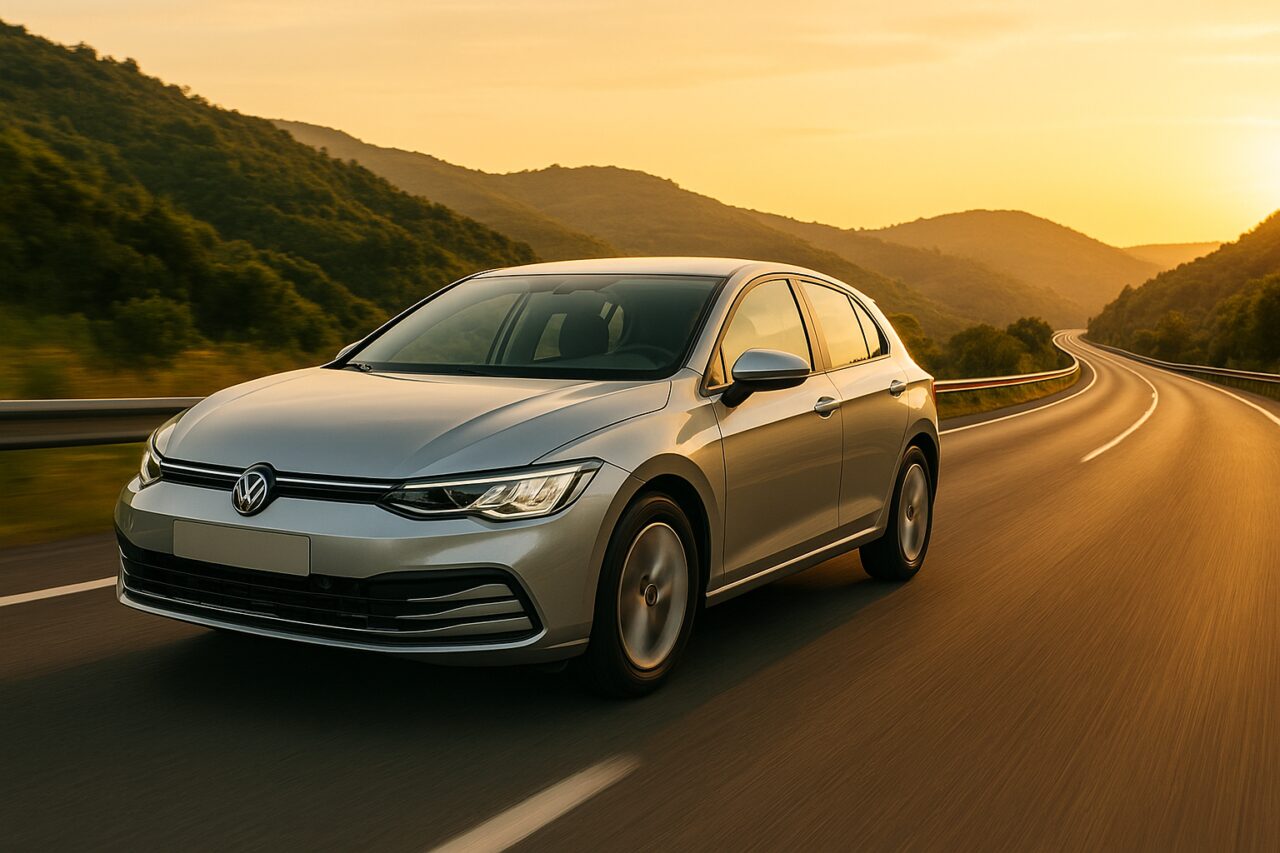 Carro moderno a conduzir numa autoestrada portuguesa ao entardecer para poupar combustível