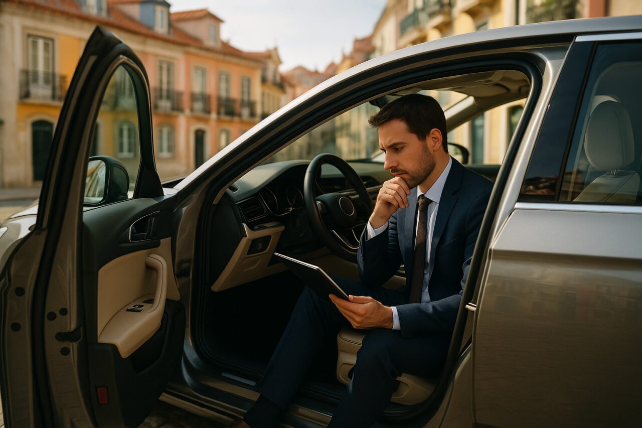 Pessoa a analisar prorrogação de contrato de renting no interior de um automóvel em Lisboa