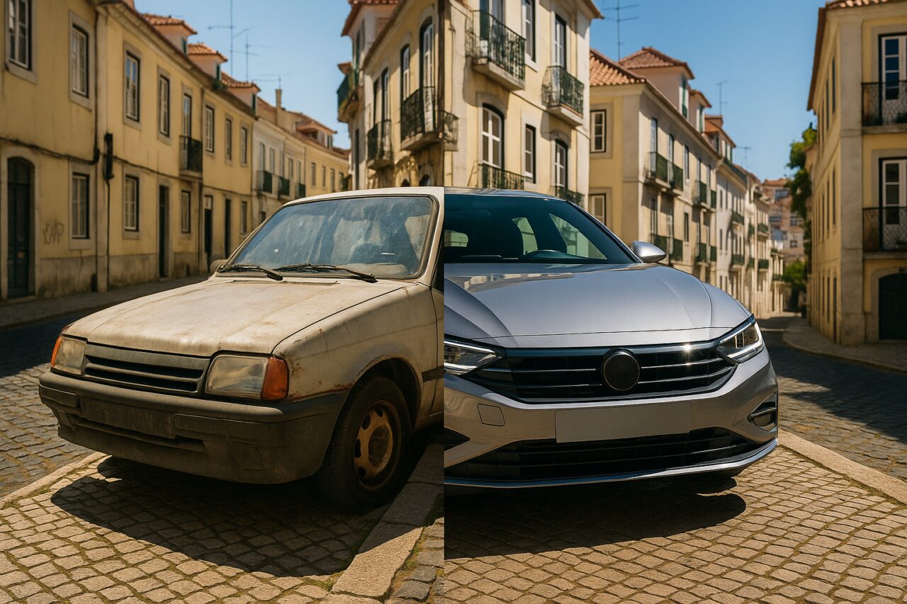 Carro antigo e desgastado ao lado de um carro novo moderno numa rua portuguesa, simbolizando a decisão de trocar de carro