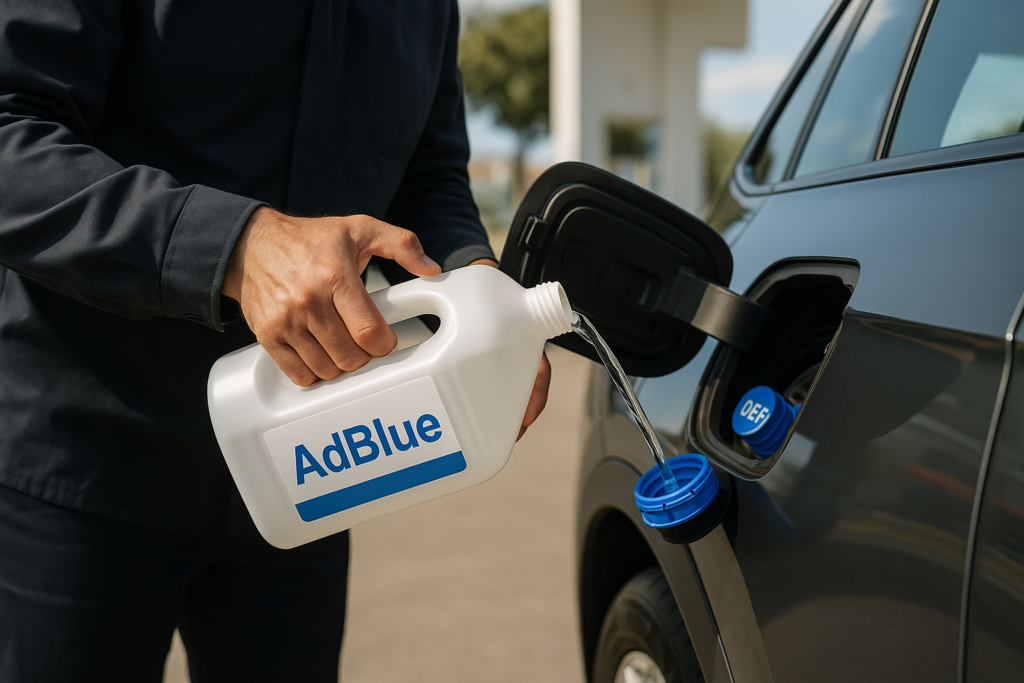 Reabastecimento de AdBlue num carro a gasóleo com garrafa de AdBlue certificado ISO 22241