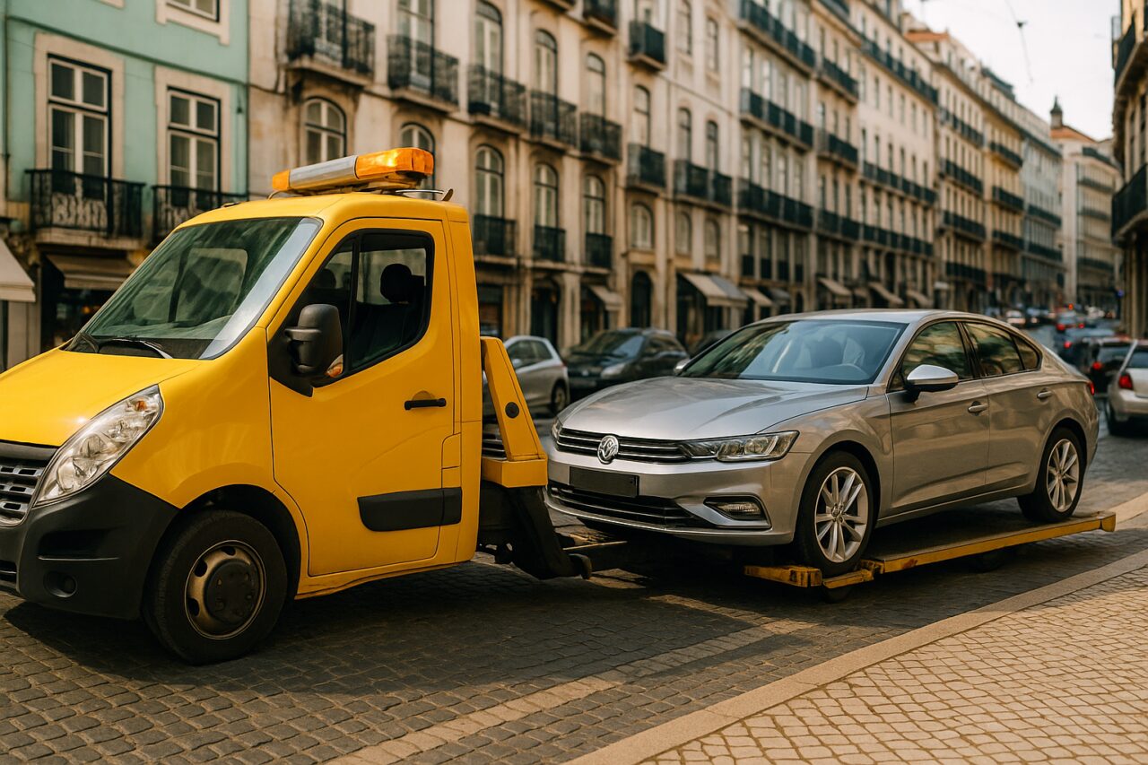 Carro de renting a ser rebocado numa rua urbana em Lisboa, Portugal