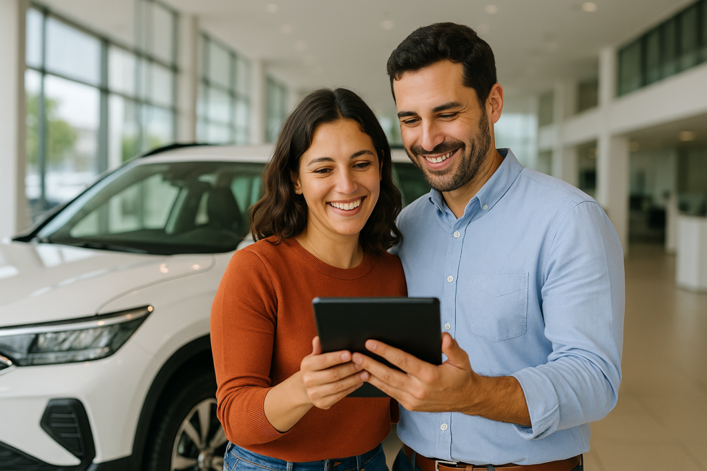 Casal português a assinar contrato de renting de carro com tecnologia ADAS incluída