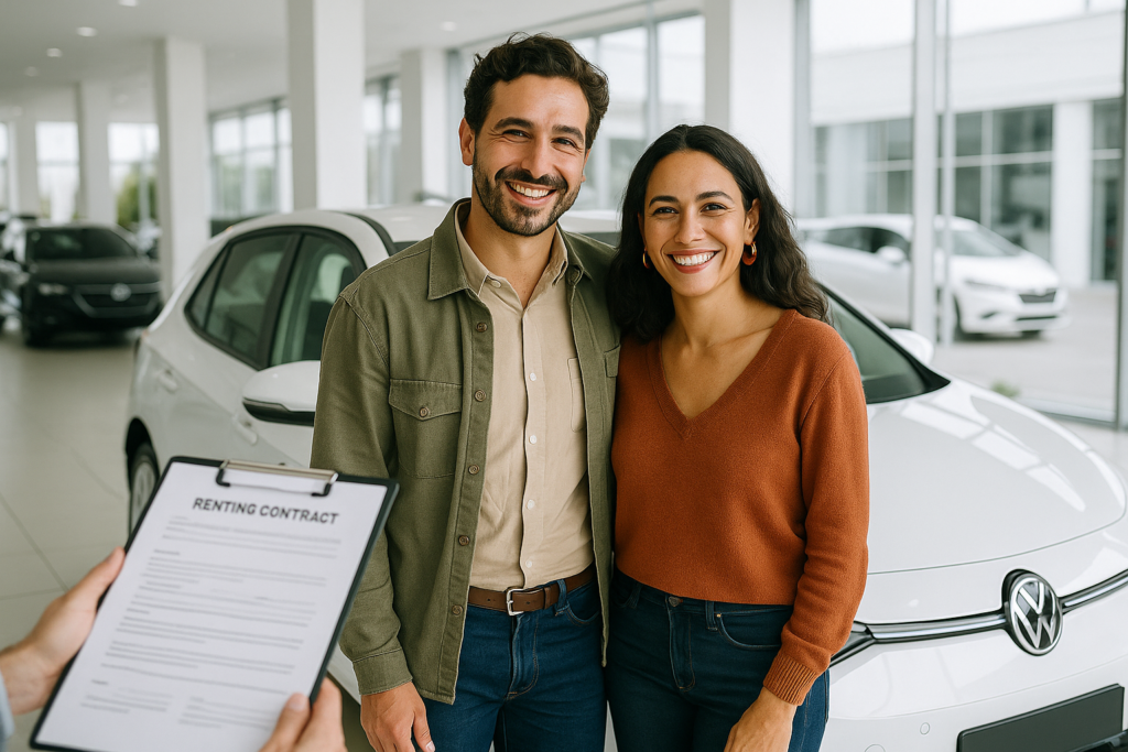 Casal português satisfeito a assinar contrato de renting de carro elétrico em Portugal sem entrada e com tudo incluído