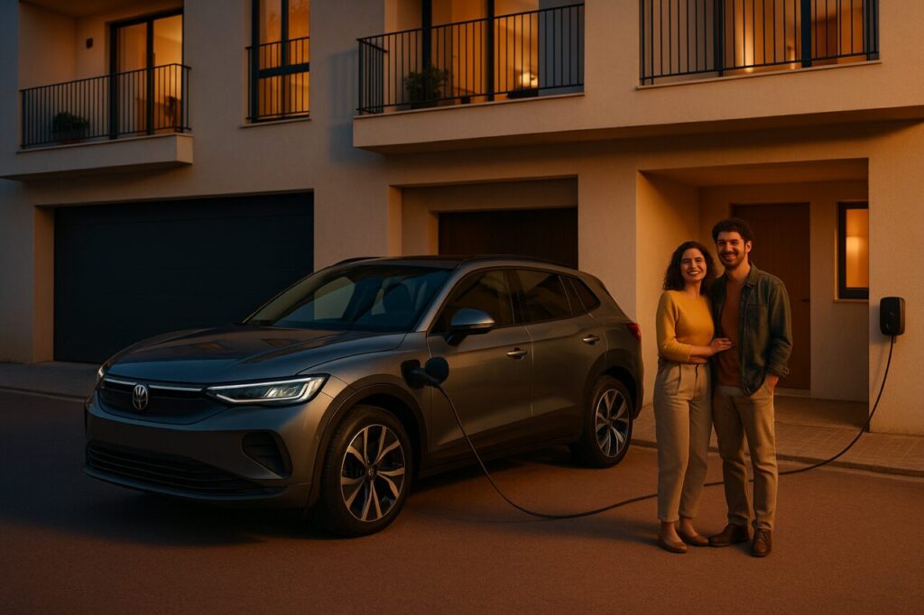 Casal com carro elétrico em renting e ponto de recarga doméstico em condomínio em Portugal