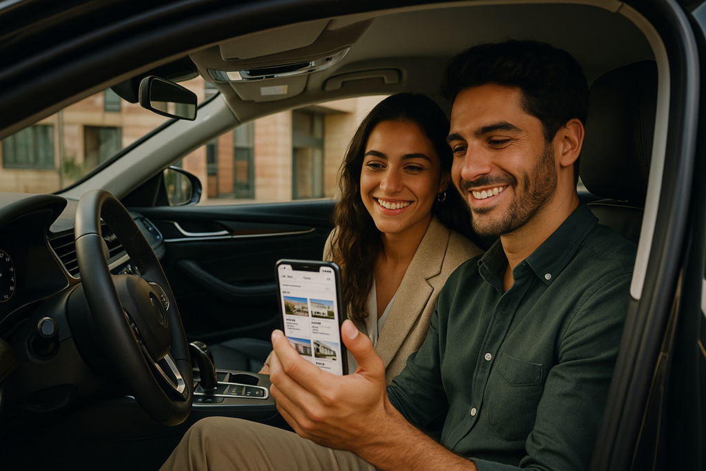 Casal português a aceder a renting de automóvel com tecnologia de inteligência artificial através do ProcuraRenting.pt em Lisboa