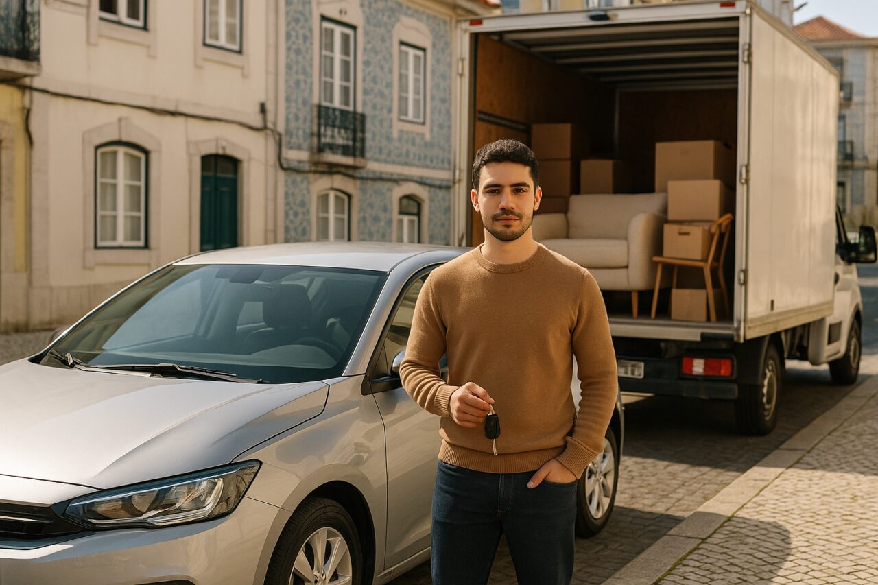 Pessoa ao lado de carro de renting durante mudança de casa em Portugal