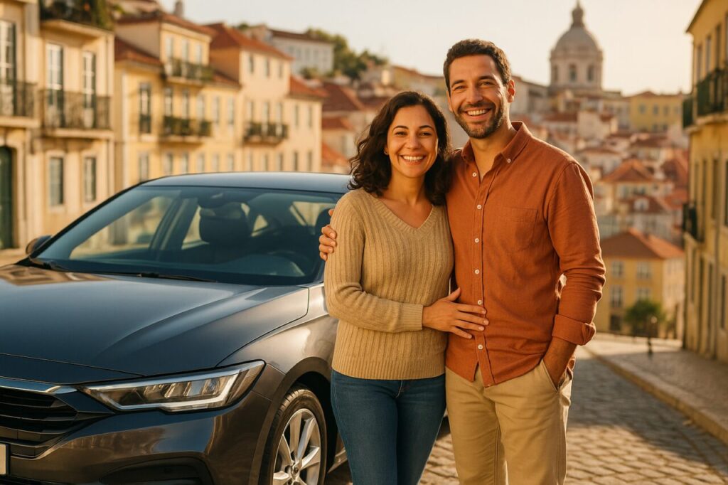 Casal português satisfeito junto de um carro novo em renting em Lisboa, sem preocupações com manutenção