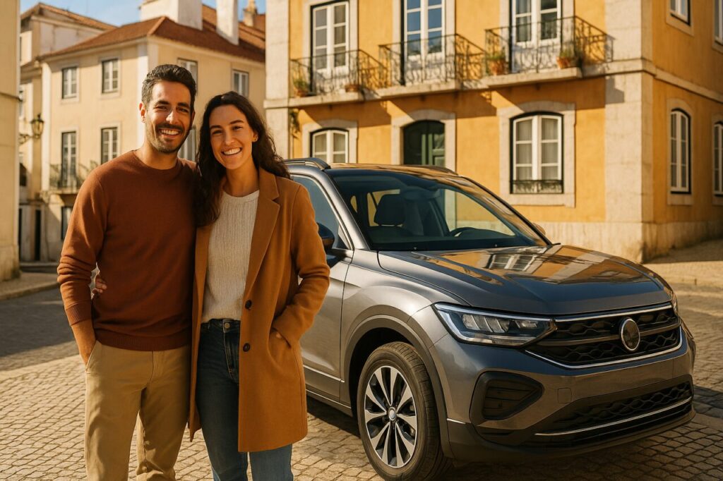 Casal português satisfeito junto a carro novo em Lisboa graças ao renting sem entrada e sem preocupações mecânicas