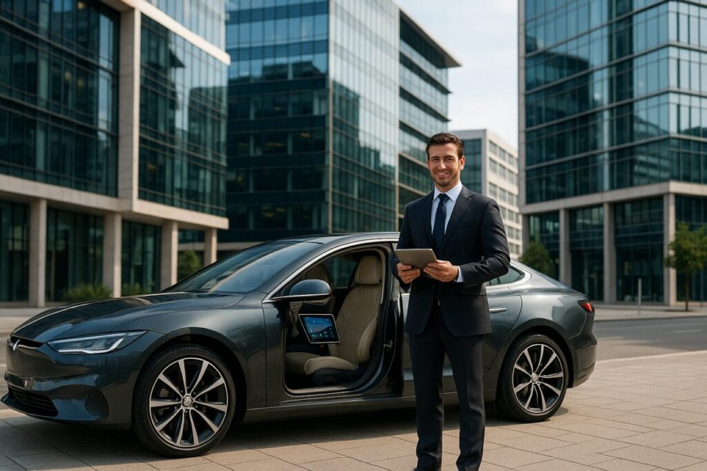 Profissional em renting de carro elétrico premium com inteligência artificial em Lisboa para uso empresarial e autónomos