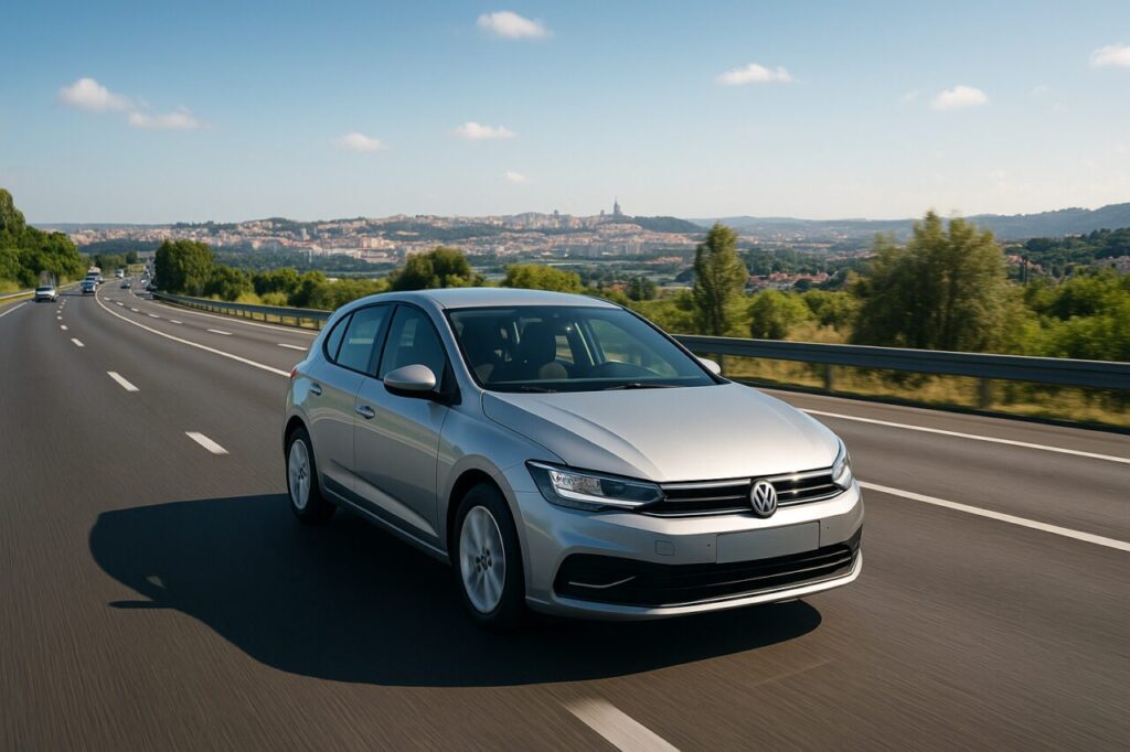 Carro moderno em renting com tecnologia de segurança avançada numa autoestrada em Portugal