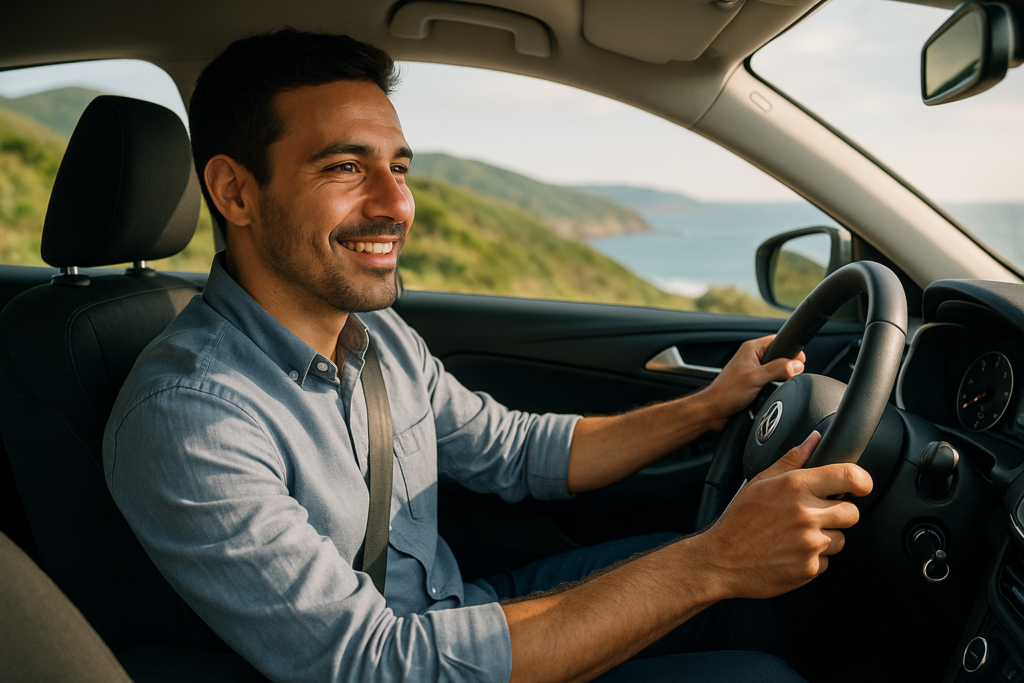 Condutor satisfeito a conduzir carro em renting sem preocupações com avarias ou perda de potência em Portugal