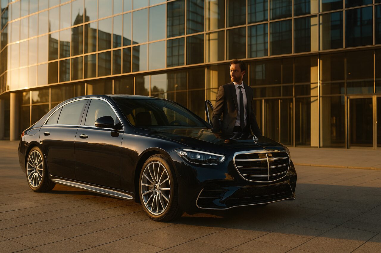 Renting de carros de luxo para empresas em Portugal - berlina executiva em frente a edifício de escritórios em Lisboa