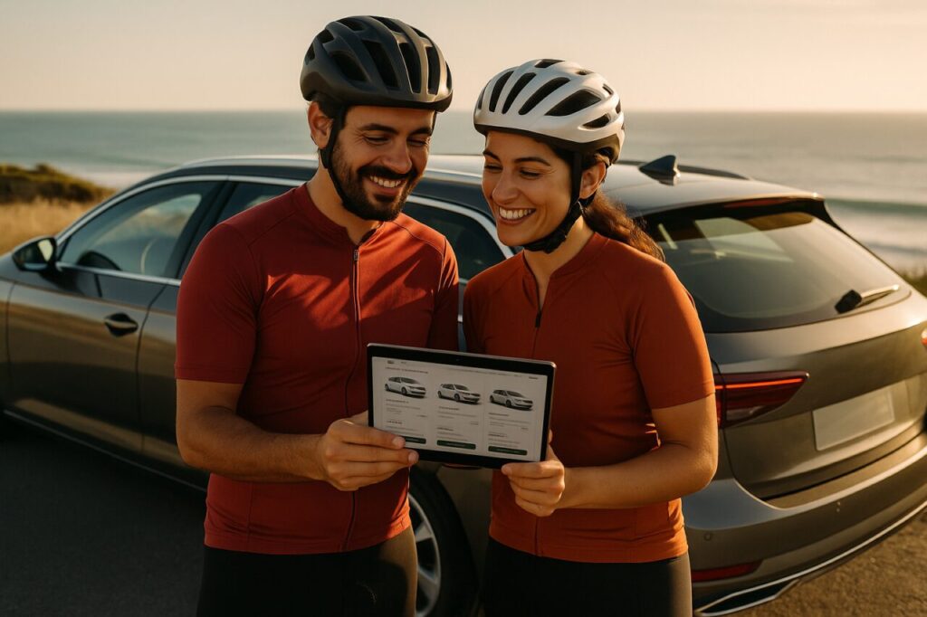 Casal de ciclistas a comparar ofertas de renting de carros em Portugal sem entrada para transporte de bicicletas