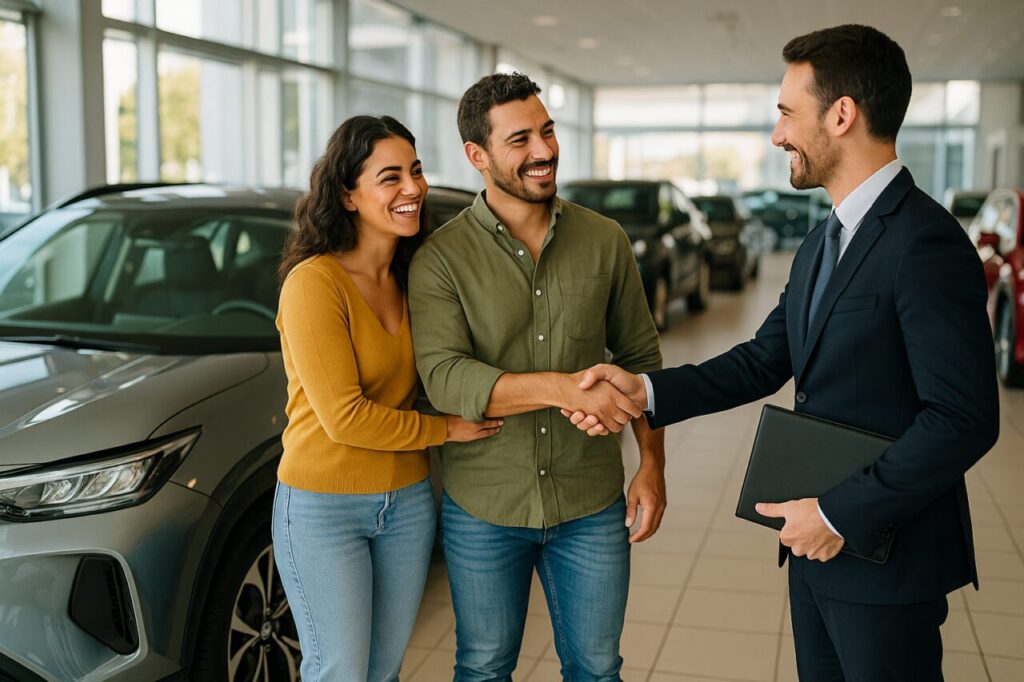 Casal português a assinar contrato de renting de carro fiável sem entrada