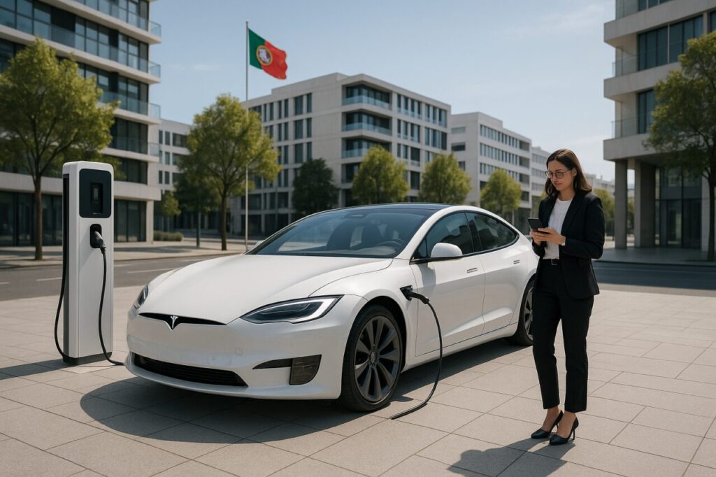 Carro elétrico de luxo em renting para empresas em Portugal - Tesla Model S ou Mercedes EQS a carregar na cidade
