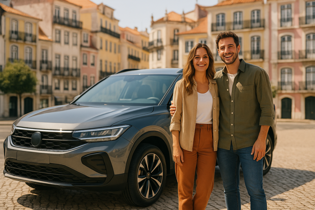 Casal satisfeito com contrato de renting flexível ao lado de SUV moderno em Portugal