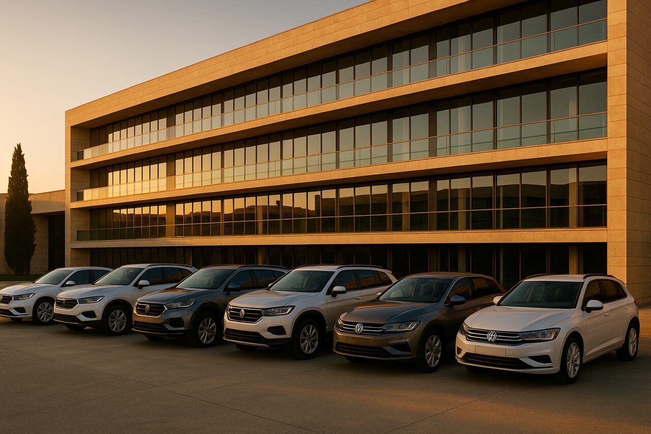 Frota empresarial de viaturas em renting estacionada em frente a escritório moderno em Portugal