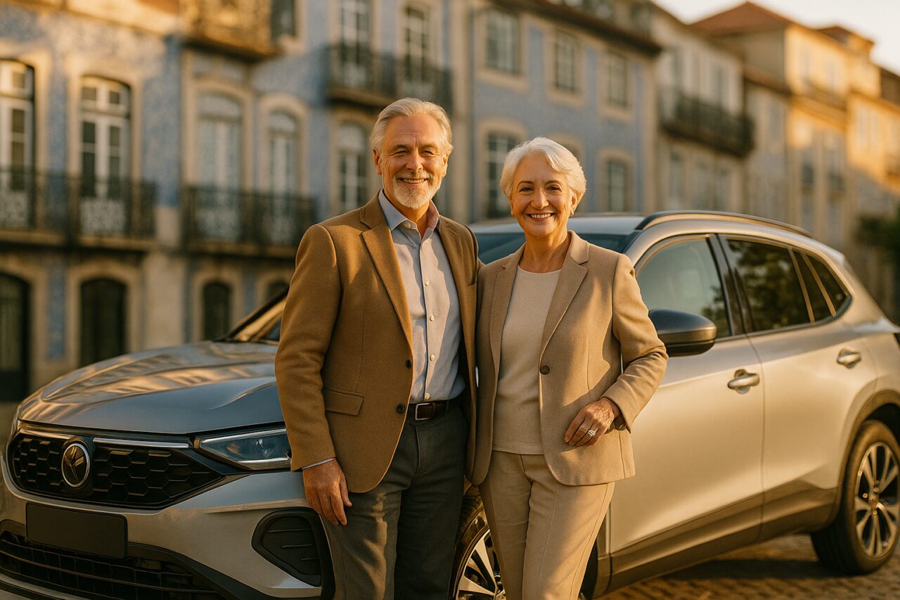 Casal sénior feliz junto a um SUV moderno em renting em Portugal