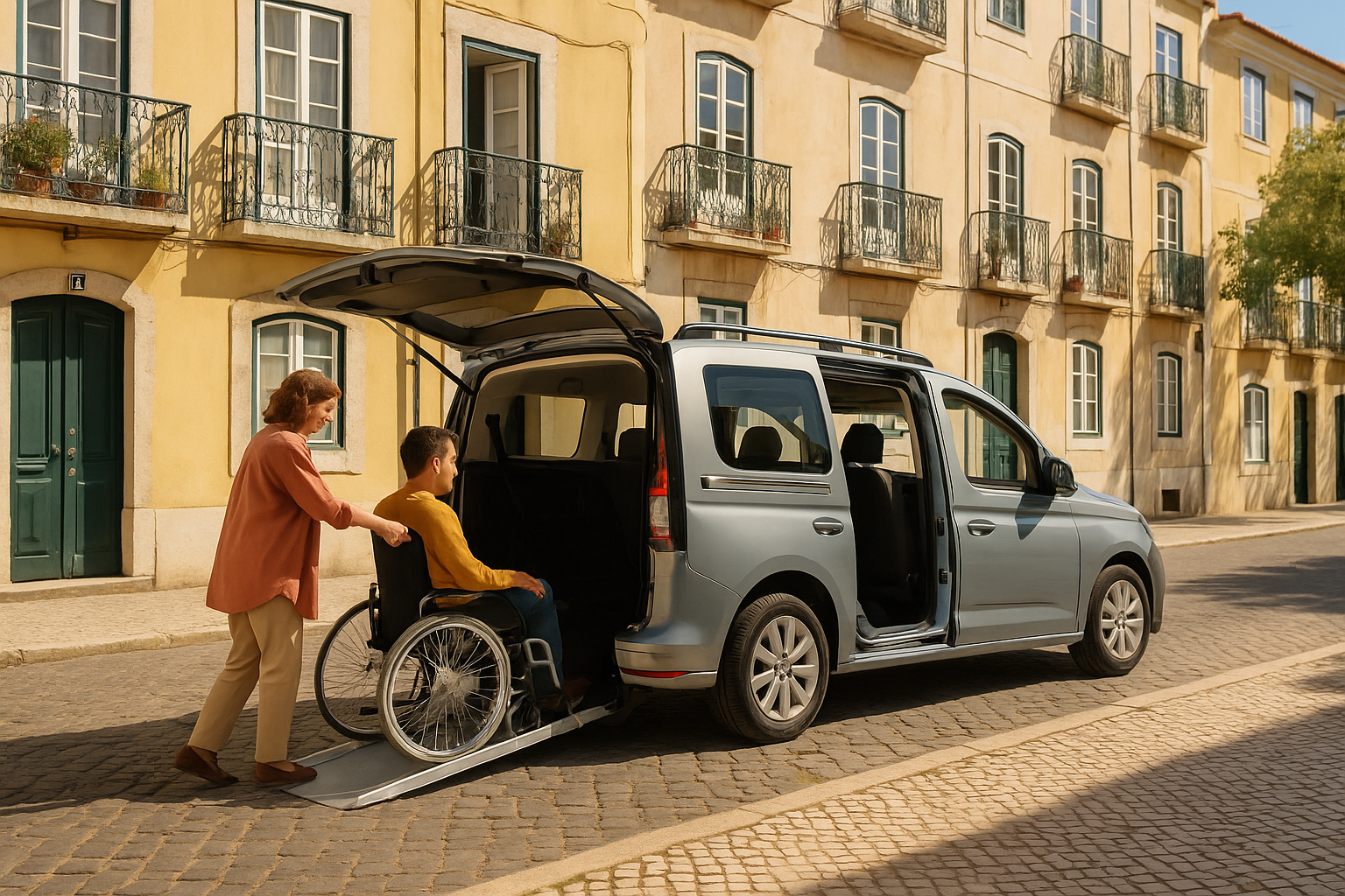 Carro de renting adaptado para mobilidade reduzida com rampa de cadeira de rodas em Lisboa, Portugal