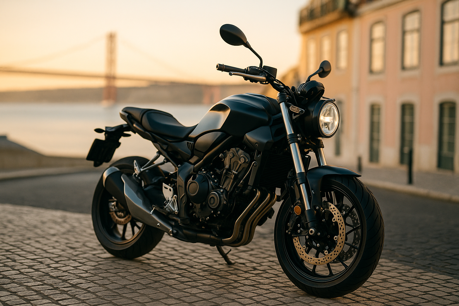 Renting de motos em Portugal em 2026 — moto moderna estacionada numa rua de Lisboa com vista para o Tejo
