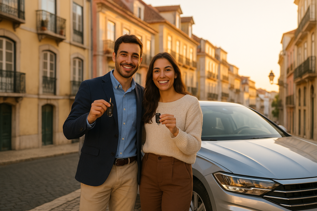 Casal português satisfeito com o seu carro em renting sem entrada em Lisboa