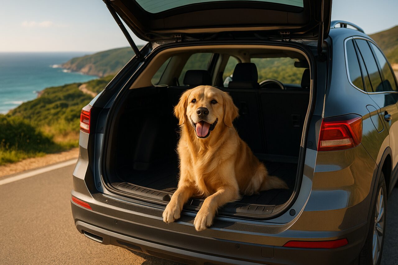 Cão golden retriever no porta-bagagens de um SUV em renting em Portugal, ideal para viajar com animais de estimação
