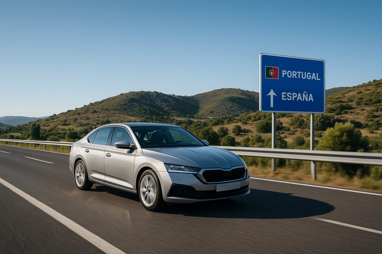 Carro de renting a viajar para o estrangeiro numa autoestrada europeia