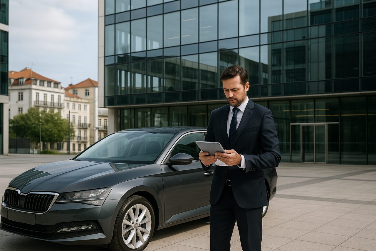 Gestor empresarial português a analisar proposta de renting de viaturas para frota empresarial em Lisboa