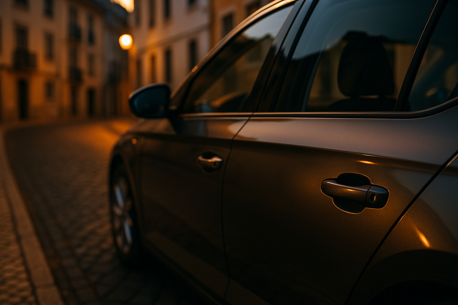 Carro estacionado na rua com foco na fechadura da porta mostrando segurança do veículo em Portugal