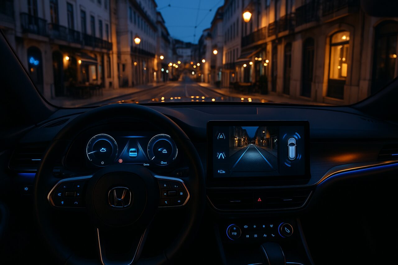 Interior de carro moderno com sistemas de segurança ADAS, câmaras e alarmes inteligentes em Portugal