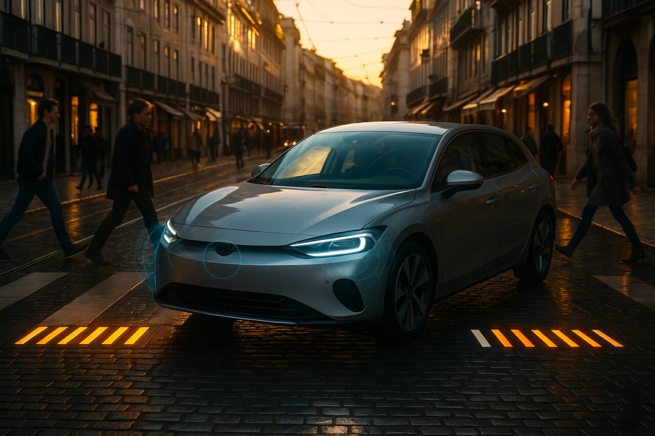 Carro moderno com tecnologia de segurança para peões a circular numa passadeira inteligente em Lisboa