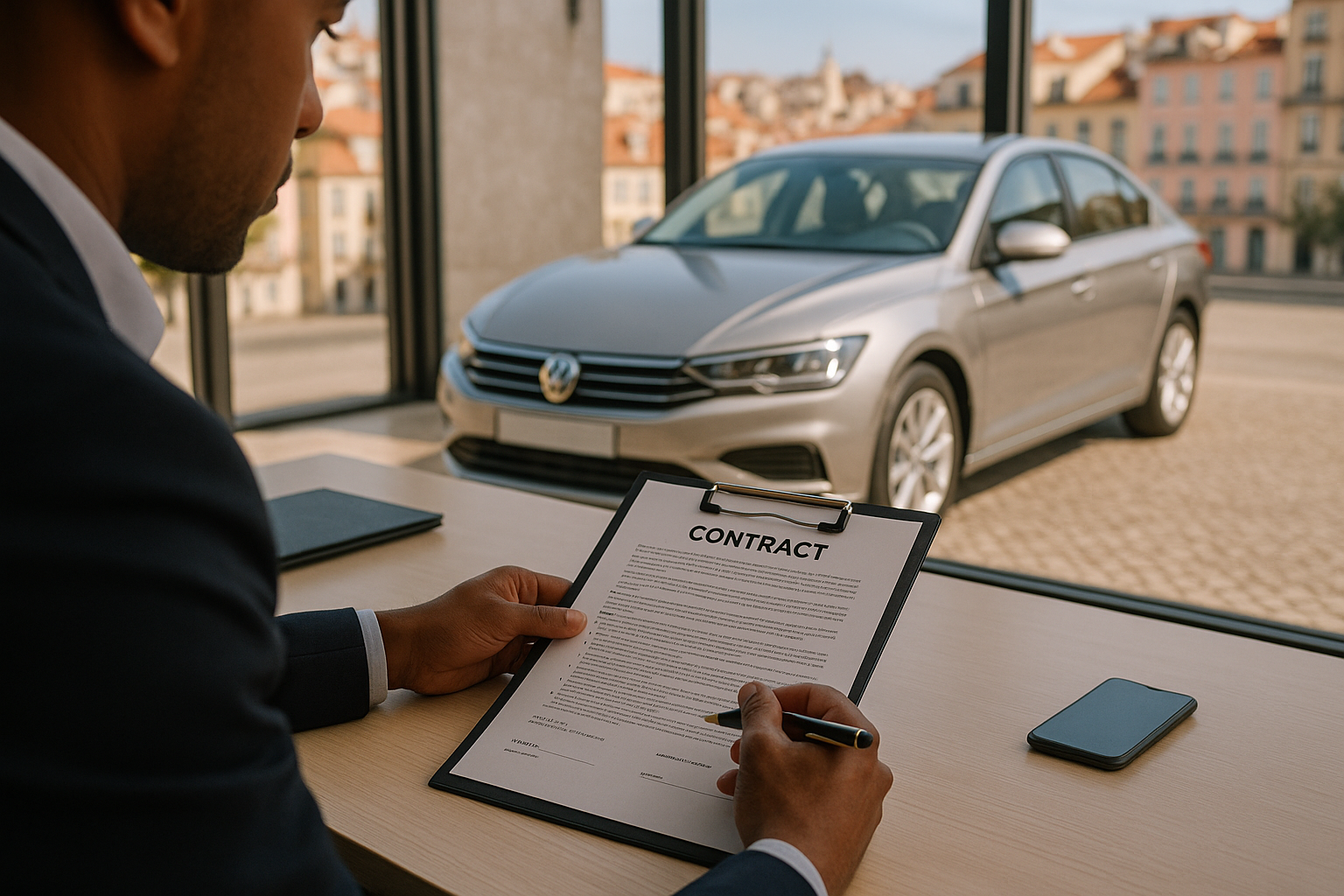 Pessoa a analisar contrato de renting com serviços extra antes de assinar, com carro novo ao fundo