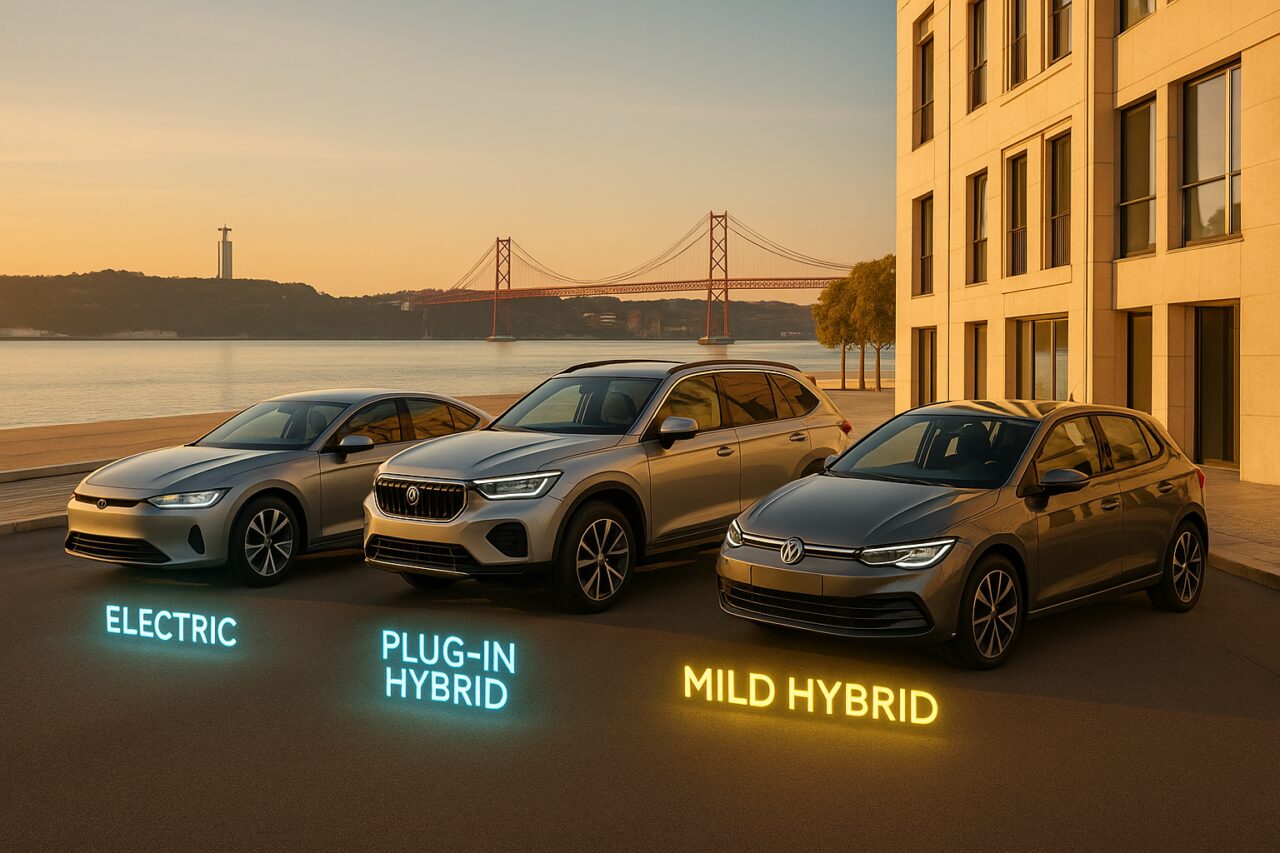 Diferentes tipos de veículos elétricos e híbridos estacionados em Lisboa, representando as siglas EV, BEV, HEV, PHEV e MHEV em renting em Portugal