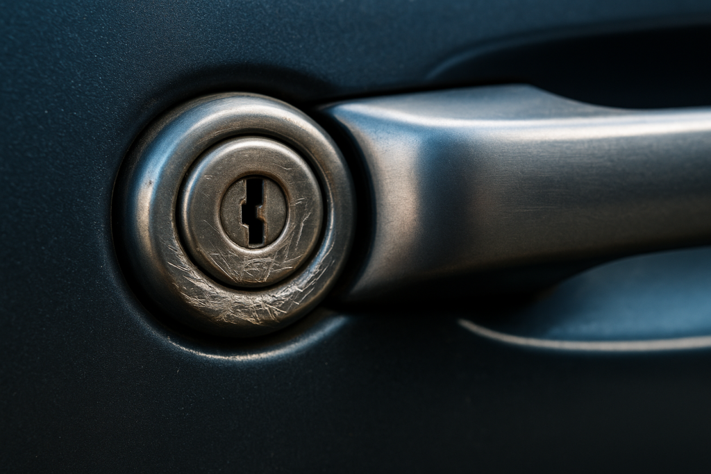 Detalhe de fechadura de carro com marcas e riscos indicando tentativa de arrombamento