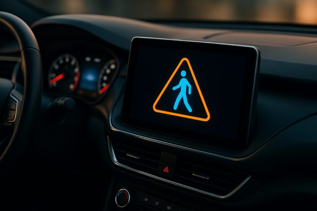 Painel de instrumentos de carro moderno com sistema de deteção de peões AEB ativo