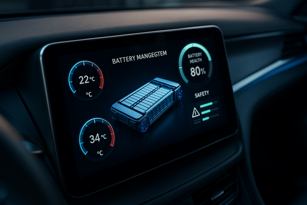 Sistema de gestão de bateria BMS de carro elétrico moderno a monitorizar temperatura e segurança em tempo real