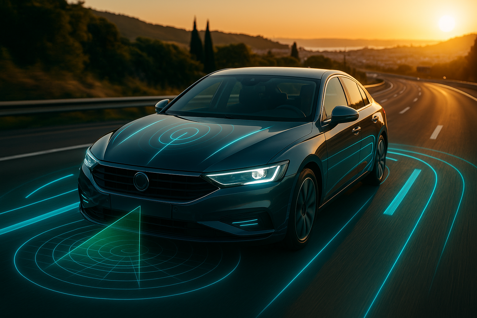 Carro moderno com sistemas ADAS ativos numa autoestrada em Portugal ao entardecer