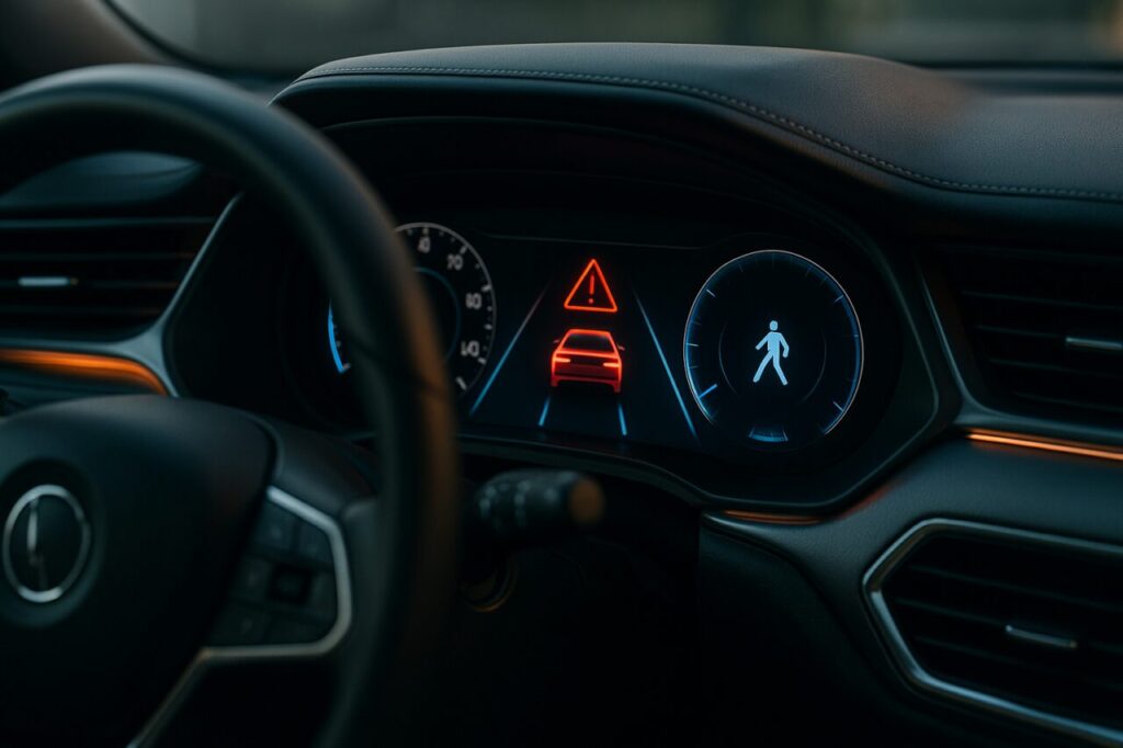 Sistemas avançados de assistência à condução num carro com cinco estrelas EuroNCAP em renting