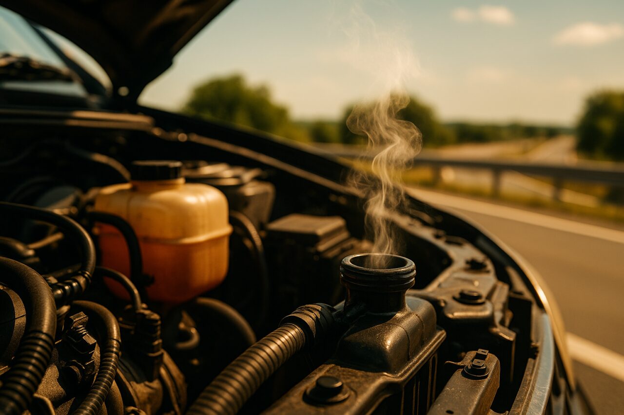 Motor de automóvel com sobreaquecimento na estrada em Portugal, com vapor a sair do radiador num dia de verão