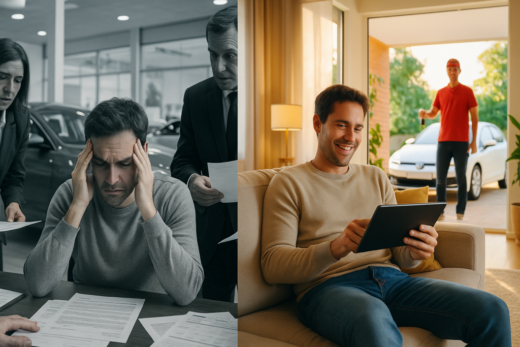 Comparação entre stand tradicional de automóveis e processo de renting digital sem burocracia em Portugal