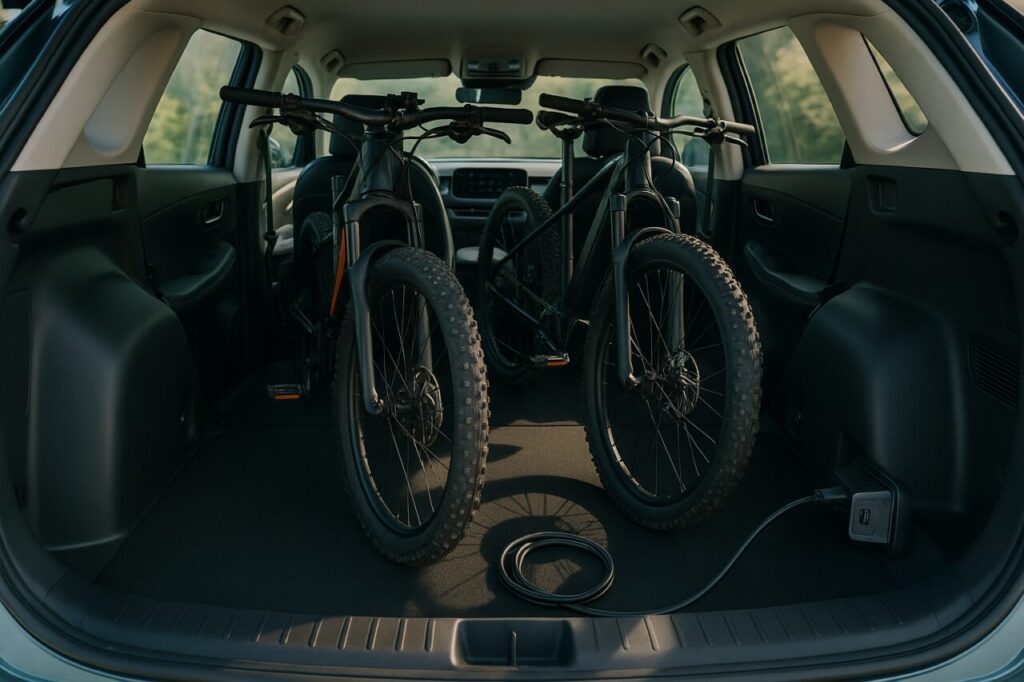 Interior de SUV elétrico com e-bikes carregadas e tecnologia Vehicle-to-Load para carregar bicicleta elétrica