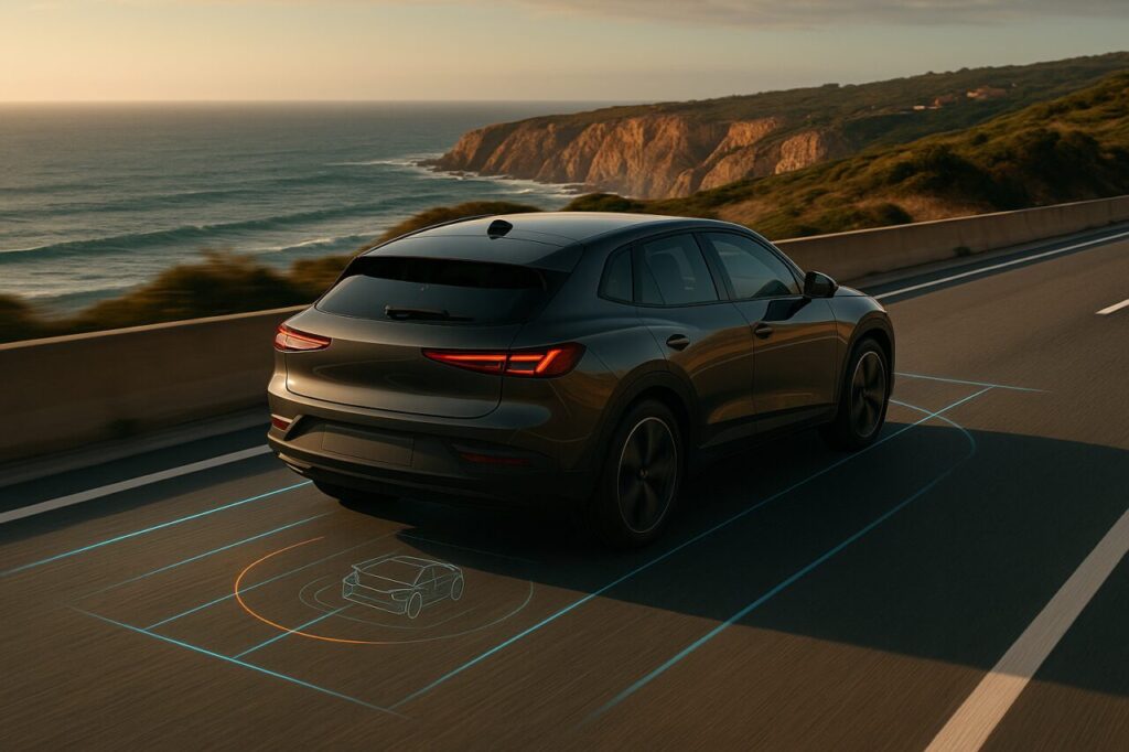 SUV elétrico com sistema de assistência à condução por inteligência artificial em autoestrada portuguesa junto ao Atlântico