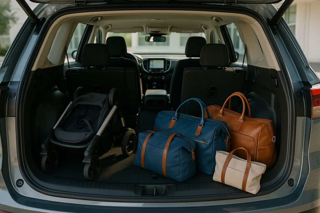 Interior espaçoso de SUV familiar em renting com mala ampla para viagens com crianças