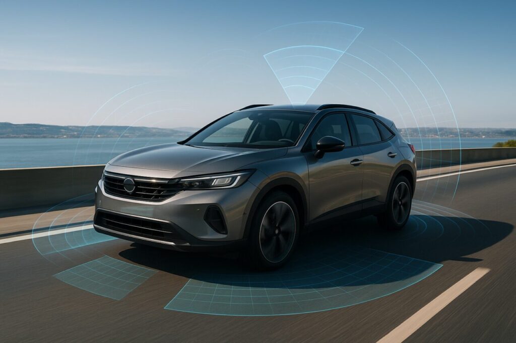 SUV moderno em renting com sistemas ADAS ativos em autoestrada em Portugal