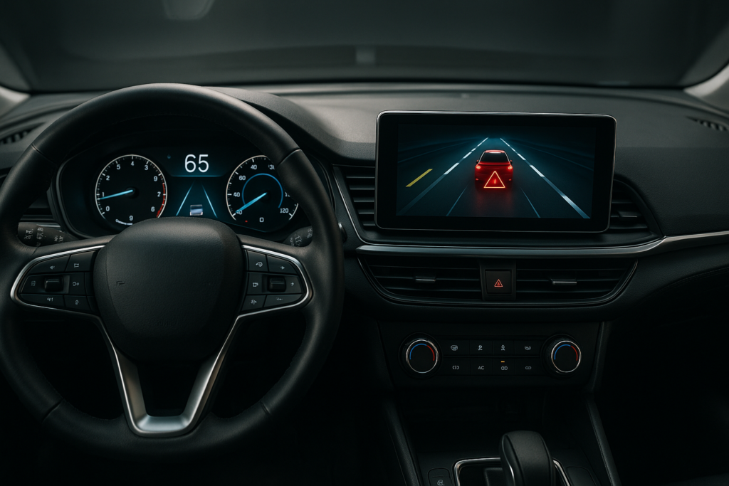 Interior de carro moderno com tecnologias de segurança ativa — renting de veículos seguros em Portugal