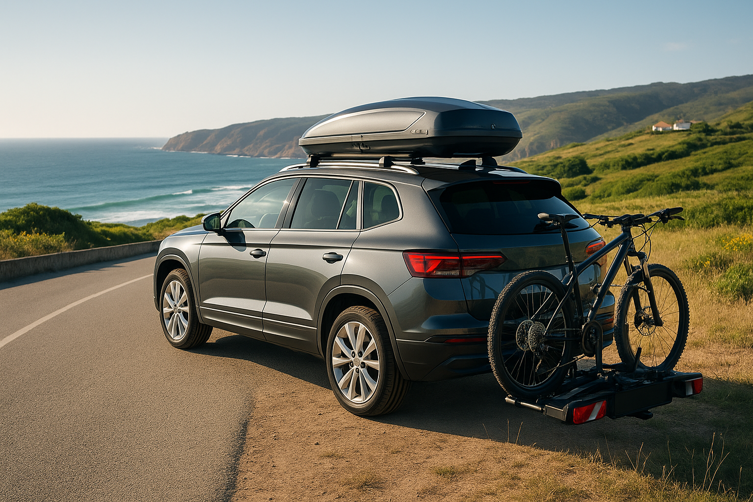 SUV com barras de tejadilho e suporte de bicicletas em estrada portuguesa junto ao oceano