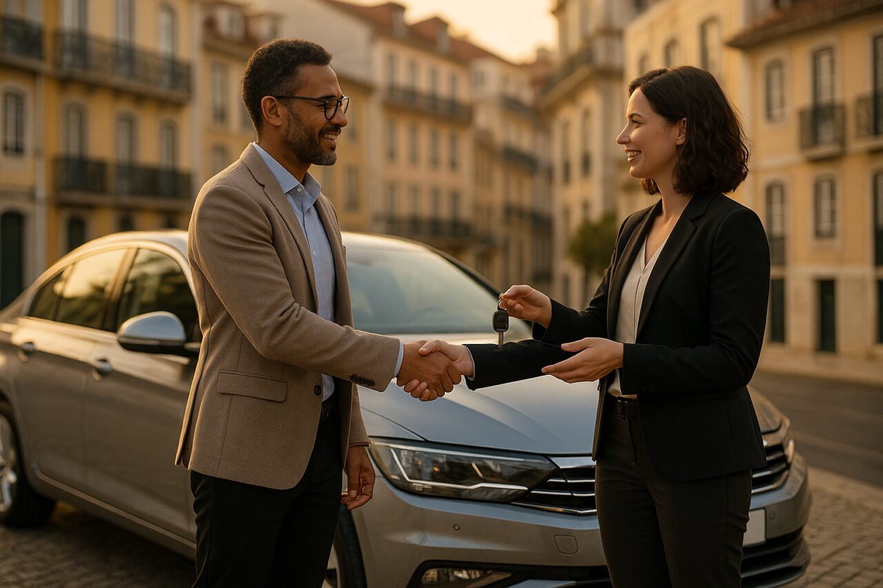 Duas pessoas a formalizar o traspasse de um contrato de renting em Portugal, com troca de chaves de carro