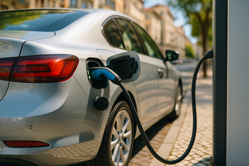 Veículo elétrico a carregar em posto público de carregamento em Portugal
