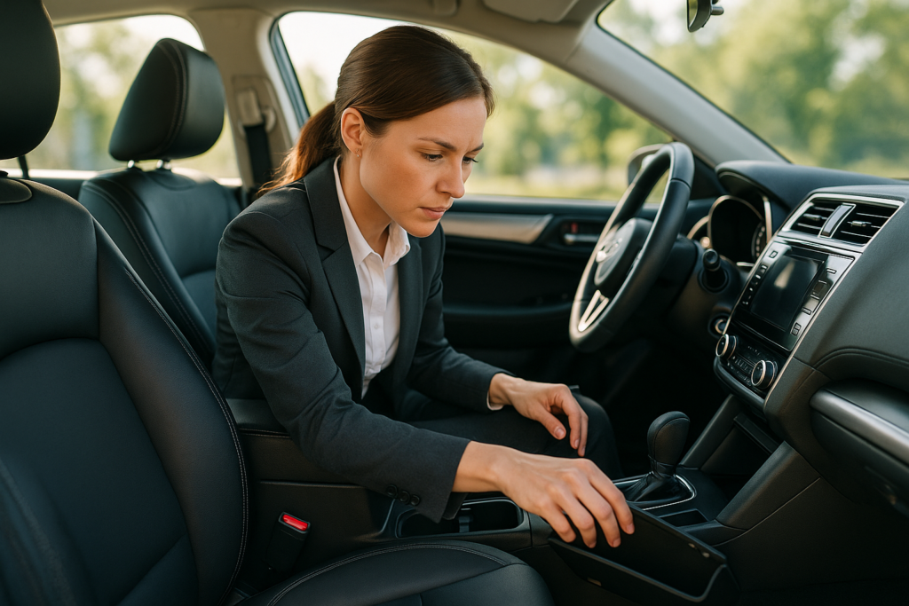 Pessoa a verificar compartimentos do carro de renting antes da devolução para não esquecer objetos pessoais