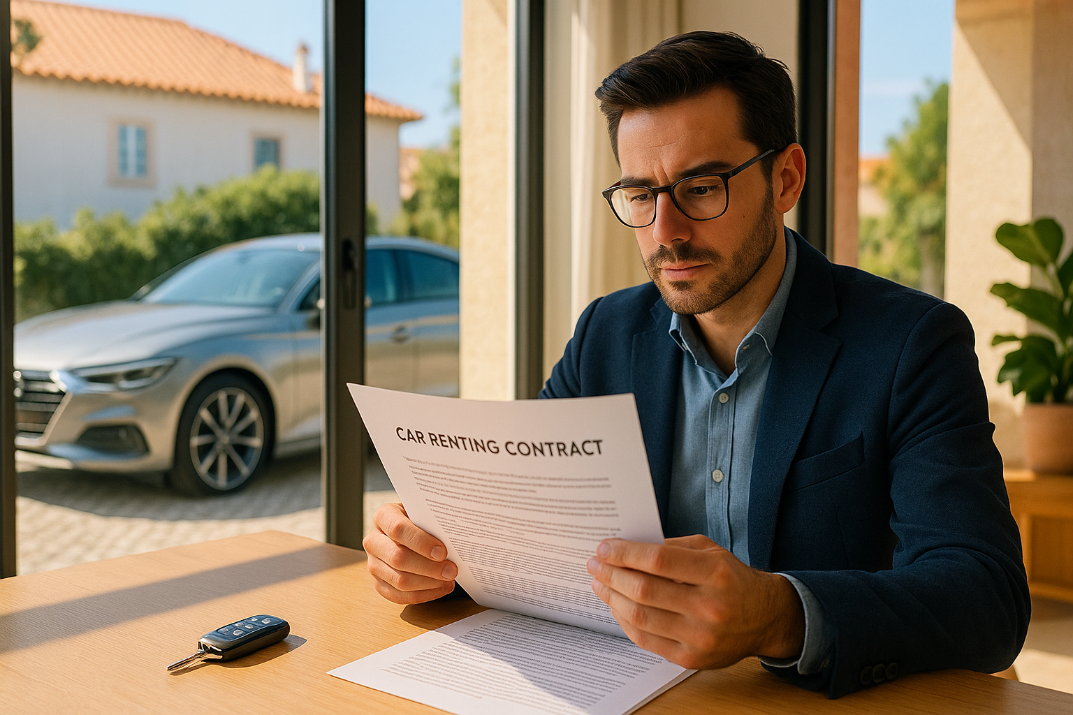 Pessoa a analisar contrato de renting de automóvel com chaves de carro em cima da mesa